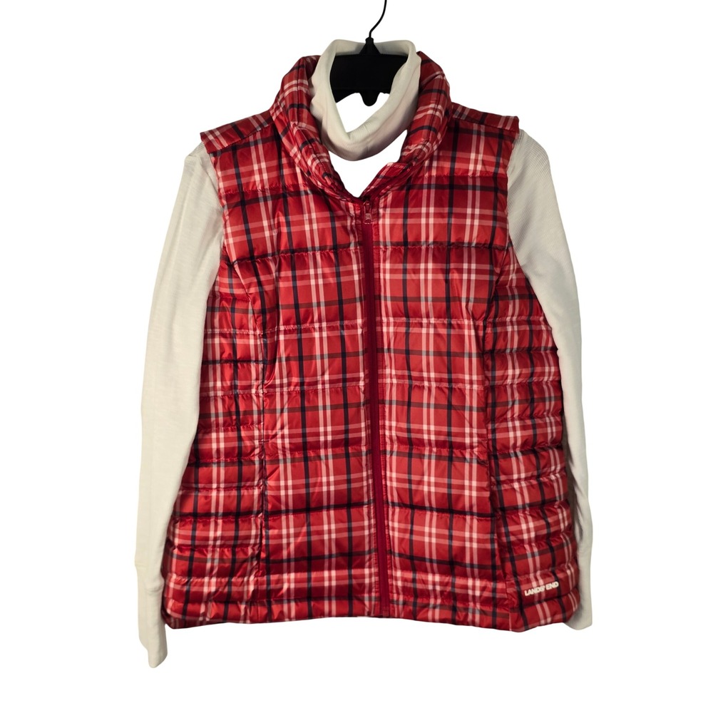 Lands End Red Plaid Down Vest & Gap Ribbed Turtleneck Bundle Set M Winter Preppy
